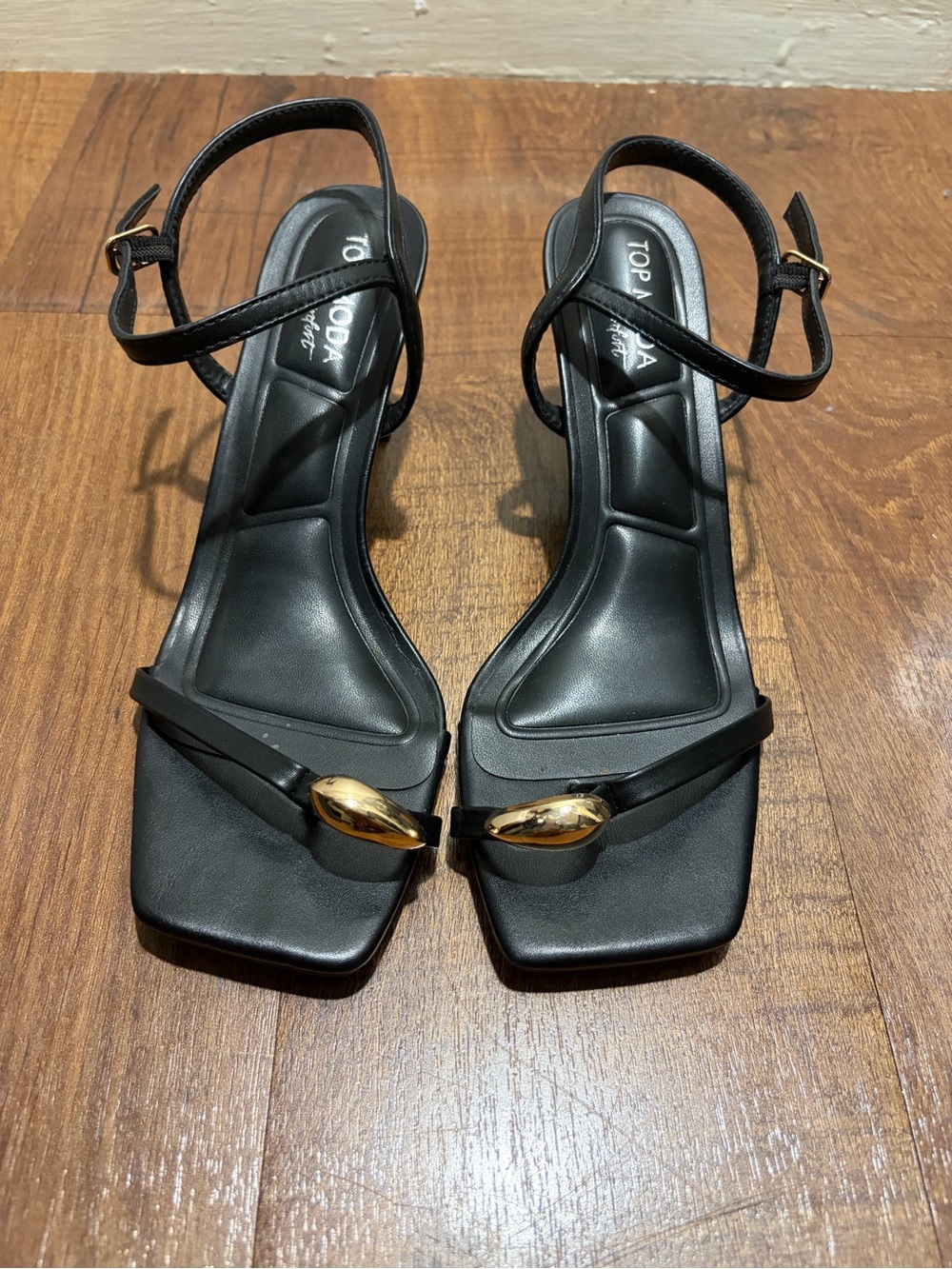 TOP Moda Black Strappy Heels with Gold Toe Accent